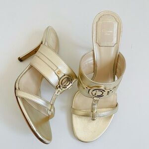 Christian Dior Gold/ Champagne logo embellished high heel mules EU 37.5
